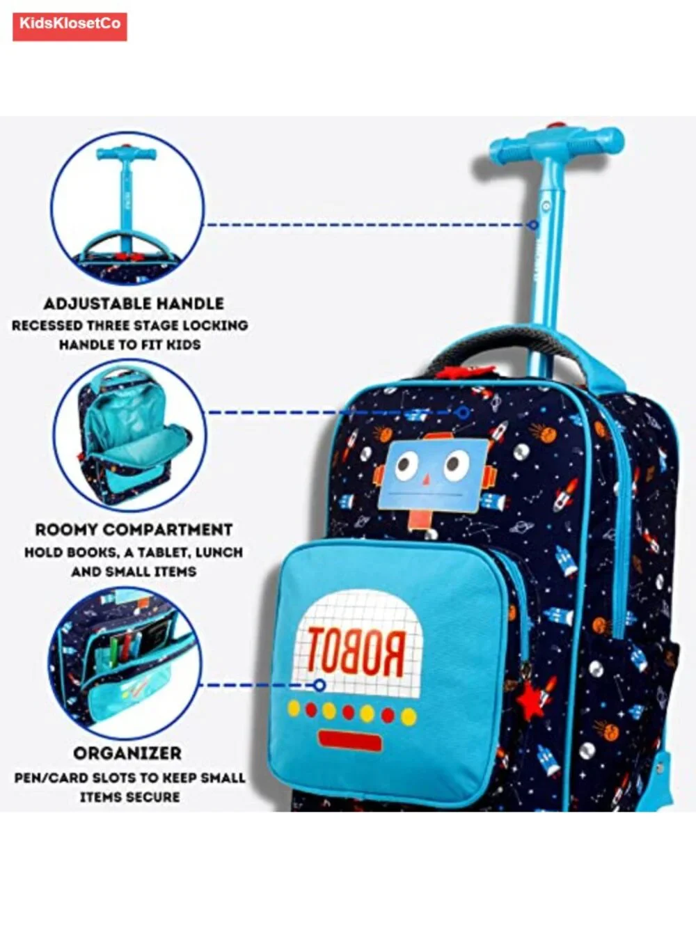 Rolling Backpack for Kids, Carry-On Luggage with Wheels, Adjustable Handle,